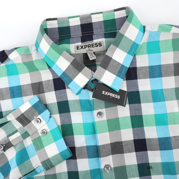 Express Other - NEW Express‎ Fitted Plaid Button Down Shirt Green Blue Mens XXL